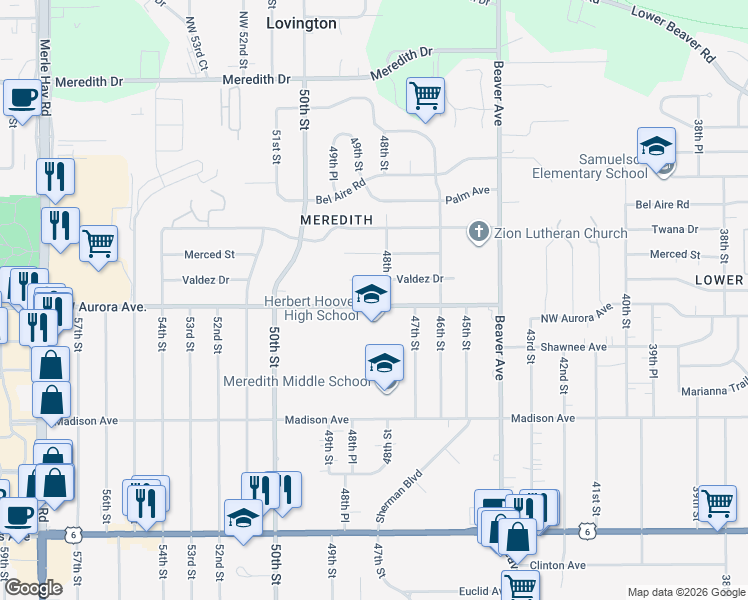 map of restaurants, bars, coffee shops, grocery stores, and more near 4825 Northwest Aurora Avenue in Des Moines