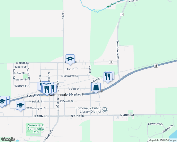map of restaurants, bars, coffee shops, grocery stores, and more near 449 East Ann Street in Somonauk