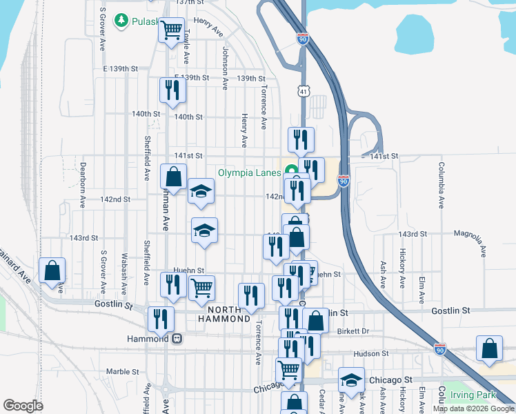 map of restaurants, bars, coffee shops, grocery stores, and more near 4214 Torrence Avenue in Hammond