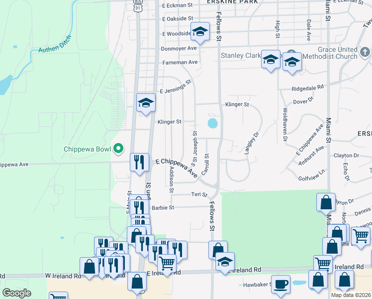 map of restaurants, bars, coffee shops, grocery stores, and more near 3708 Whitcomb Avenue in South Bend