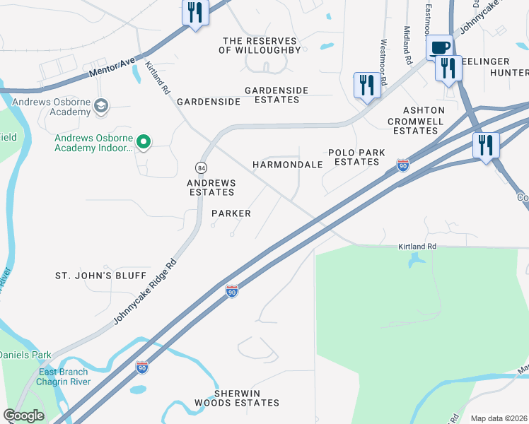 map of restaurants, bars, coffee shops, grocery stores, and more near 4284 Aimee Ln in Willoughby