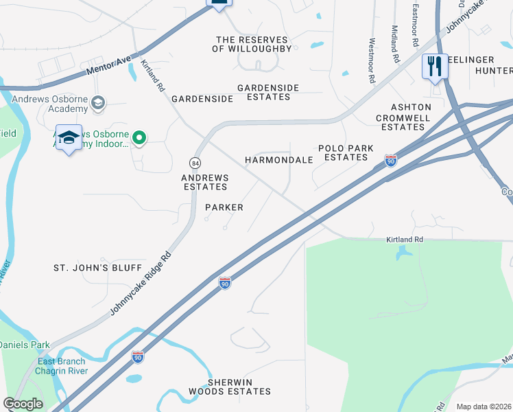 map of restaurants, bars, coffee shops, grocery stores, and more near 4284 Aimee Lane in Willoughby