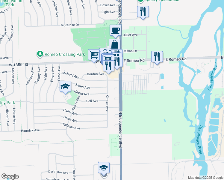 map of restaurants, bars, coffee shops, grocery stores, and more near 10 Sinde Circle in Romeoville
