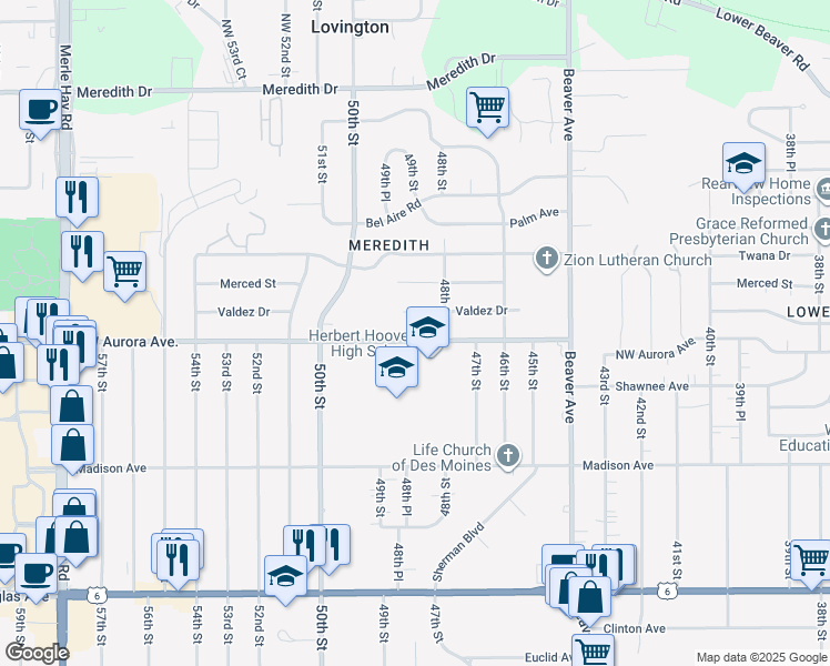 map of restaurants, bars, coffee shops, grocery stores, and more near 4825 Northwest Aurora Avenue in Des Moines