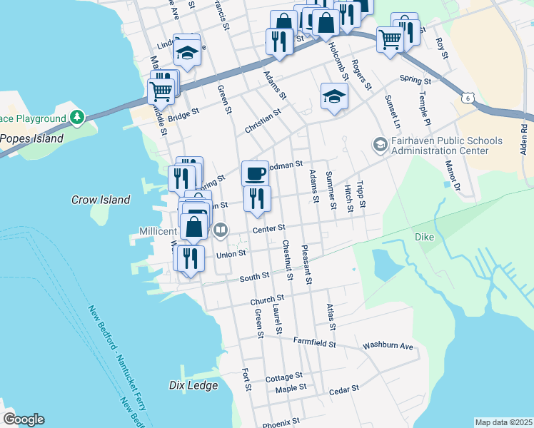 map of restaurants, bars, coffee shops, grocery stores, and more near 117 Laurel Street in Fairhaven