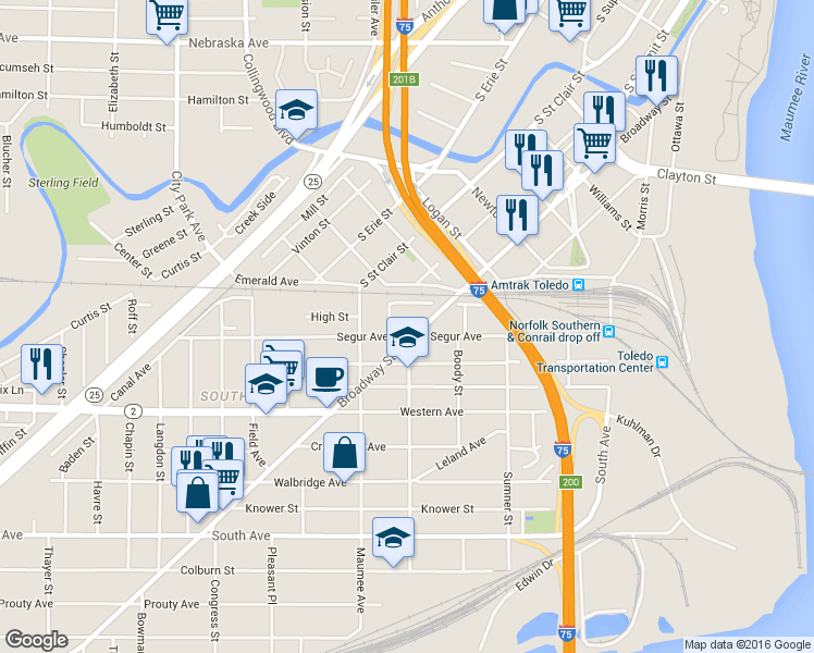map of restaurants, bars, coffee shops, grocery stores, and more near 402 Segur Ave in Toledo