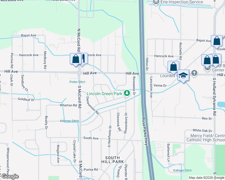 map of restaurants, bars, coffee shops, grocery stores, and more near 112 Derbyshire Road in Toledo