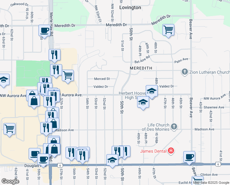 map of restaurants, bars, coffee shops, grocery stores, and more near 5021 Northwest Aurora Avenue in Des Moines