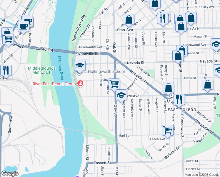 map of restaurants, bars, coffee shops, grocery stores, and more near 733 Clark Street in Toledo