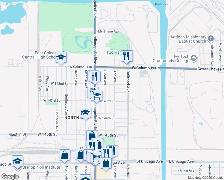map of restaurants, bars, coffee shops, grocery stores, and more near 4216 Tod Avenue in East Chicago