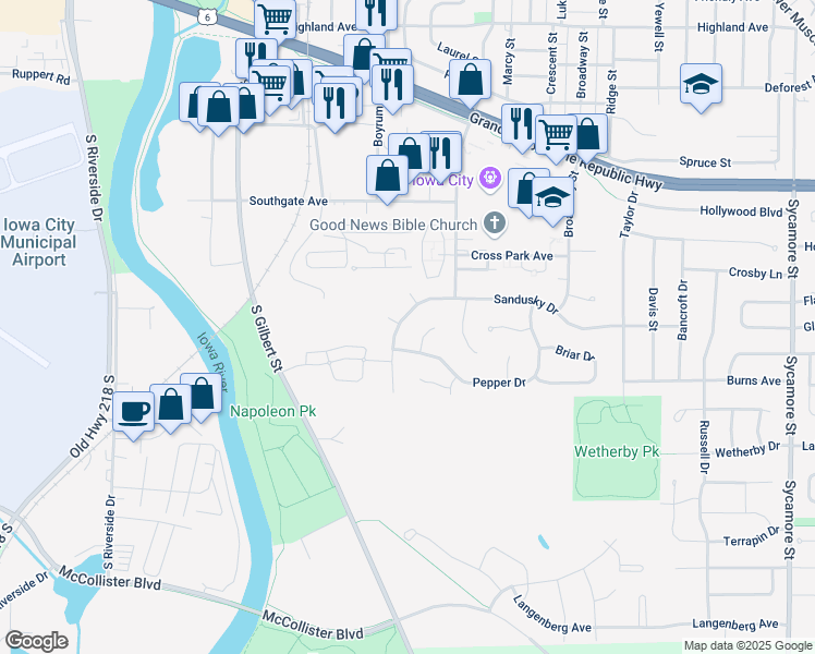map of restaurants, bars, coffee shops, grocery stores, and more near 727 Sandusky Drive in Iowa City