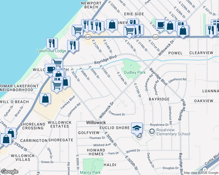 map of restaurants, bars, coffee shops, grocery stores, and more near 437 East 309th Street in Willowick