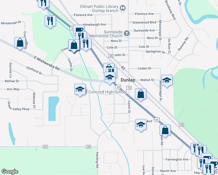map of restaurants, bars, coffee shops, grocery stores, and more near 24050 County Road 20 in Elkhart