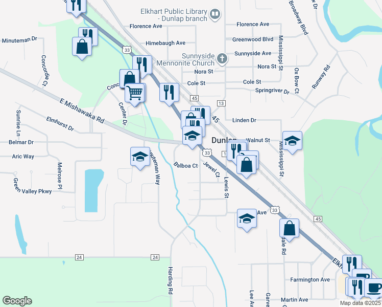 map of restaurants, bars, coffee shops, grocery stores, and more near 24050 County Road 20 in Elkhart