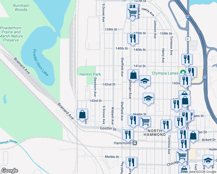 map of restaurants, bars, coffee shops, grocery stores, and more near 214 142nd St in Hammond