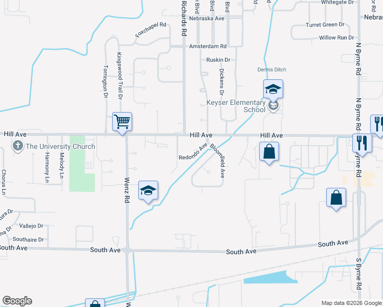 map of restaurants, bars, coffee shops, grocery stores, and more near 4146 Redondo Avenue in Toledo