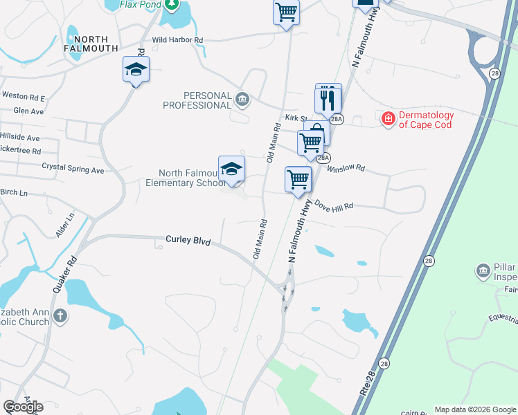 map of restaurants, bars, coffee shops, grocery stores, and more near 50 Old Main Road in Falmouth