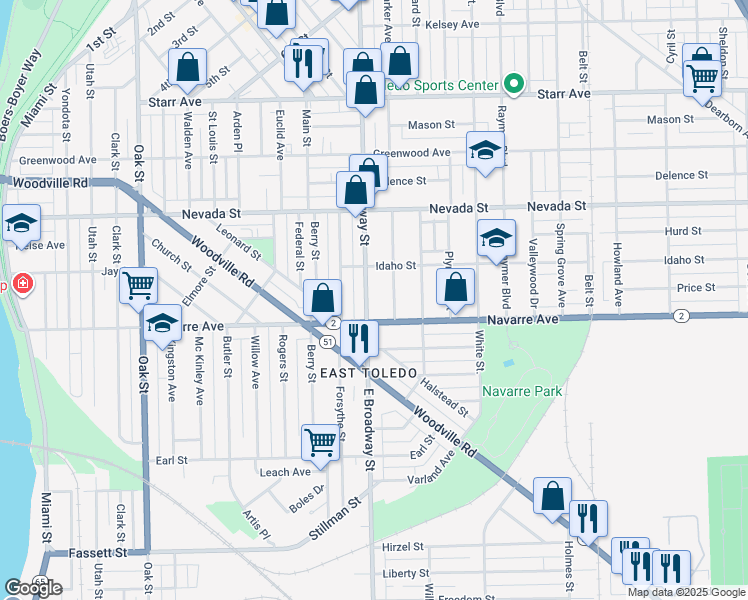 map of restaurants, bars, coffee shops, grocery stores, and more near 737 E Broadway St in Toledo