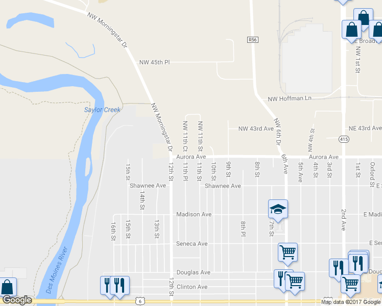 map of restaurants, bars, coffee shops, grocery stores, and more near 1135 Aurora Avenue in Des Moines