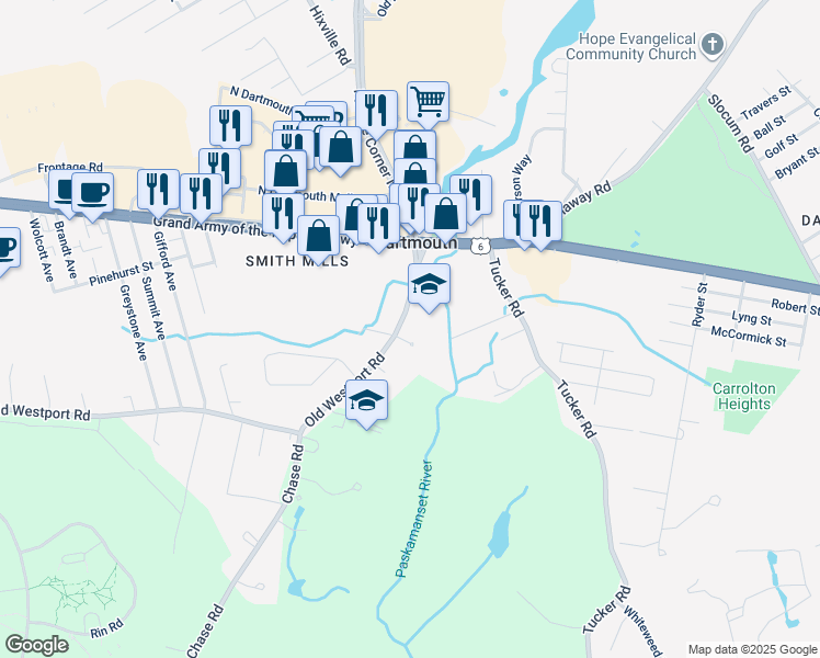 map of restaurants, bars, coffee shops, grocery stores, and more near 41A Old Westport Road in Dartmouth