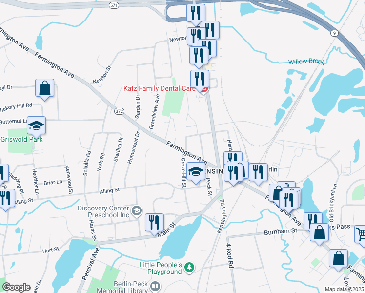 map of restaurants, bars, coffee shops, grocery stores, and more near 643 Farmington Avenue in Berlin