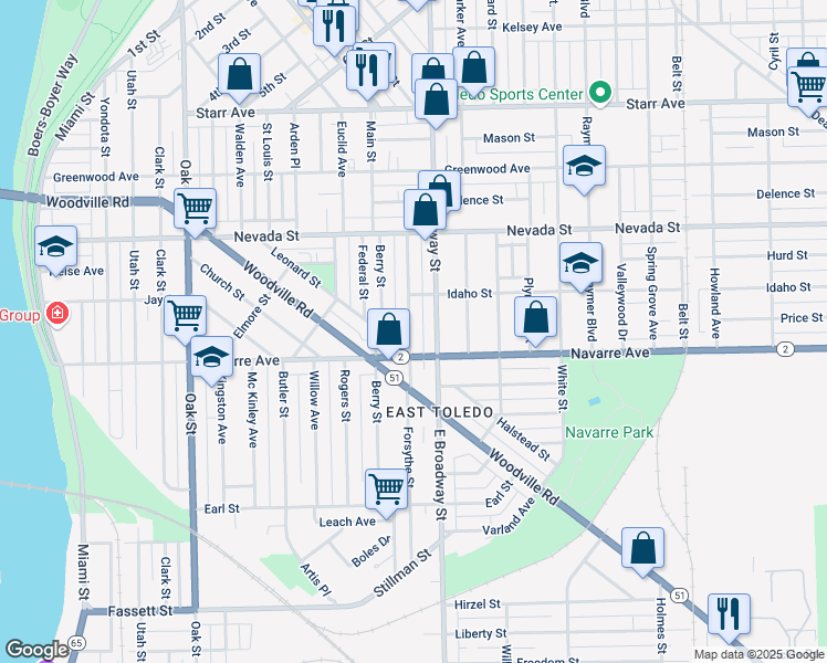 map of restaurants, bars, coffee shops, grocery stores, and more near 745 Forsythe Street in Toledo