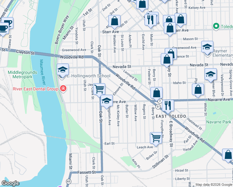 map of restaurants, bars, coffee shops, grocery stores, and more near 603 Milton Street in Toledo