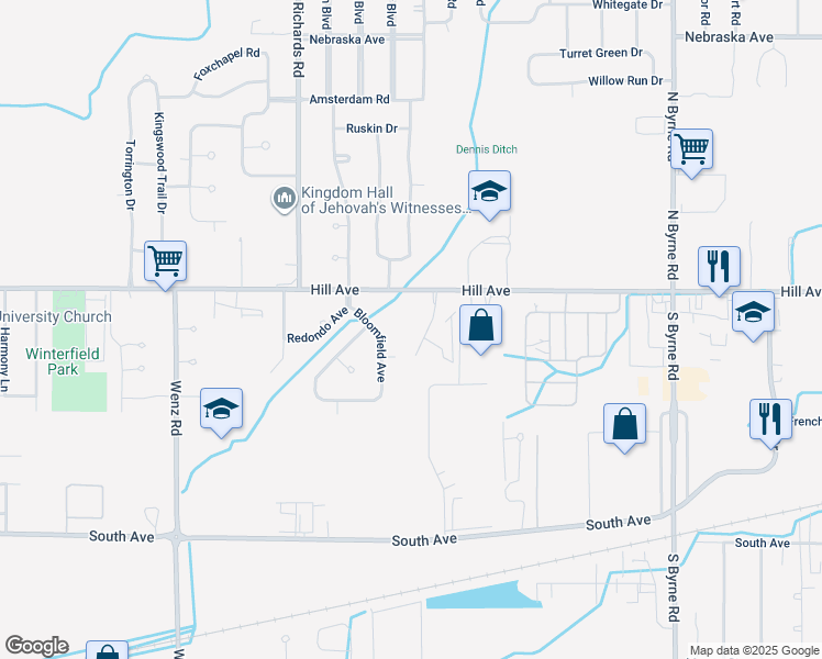 map of restaurants, bars, coffee shops, grocery stores, and more near 41 Ottawa Landings Drive in Toledo