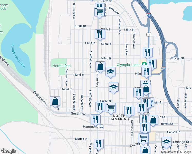 map of restaurants, bars, coffee shops, grocery stores, and more near 4218 Hohman Avenue in Hammond