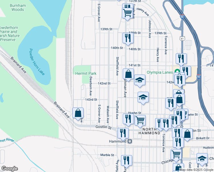 map of restaurants, bars, coffee shops, grocery stores, and more near 214 142nd Street in Hammond