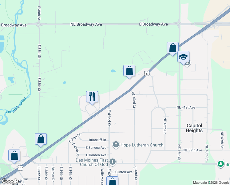 map of restaurants, bars, coffee shops, grocery stores, and more near 4214 Hubbell Avenue in Des Moines
