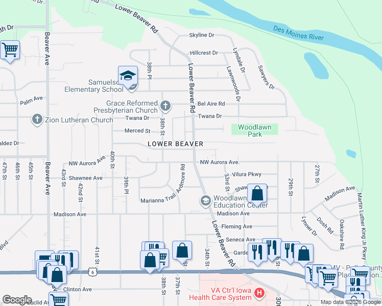 map of restaurants, bars, coffee shops, grocery stores, and more near 3500 Valdez Drive in Des Moines