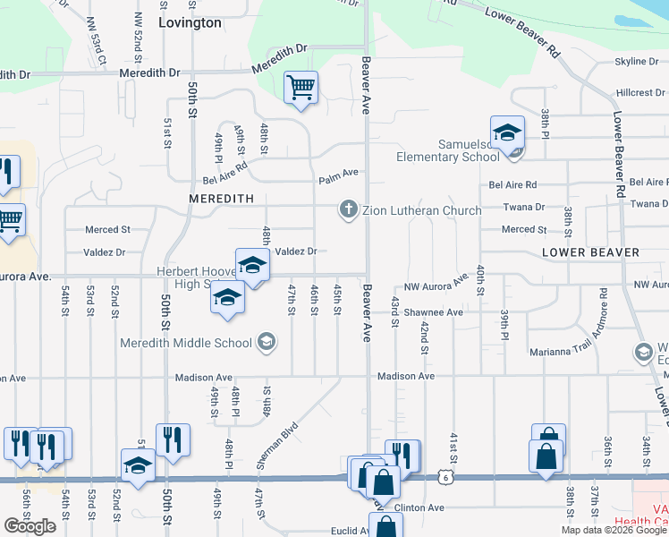 map of restaurants, bars, coffee shops, grocery stores, and more near 4425 Northwest Aurora Avenue in Des Moines