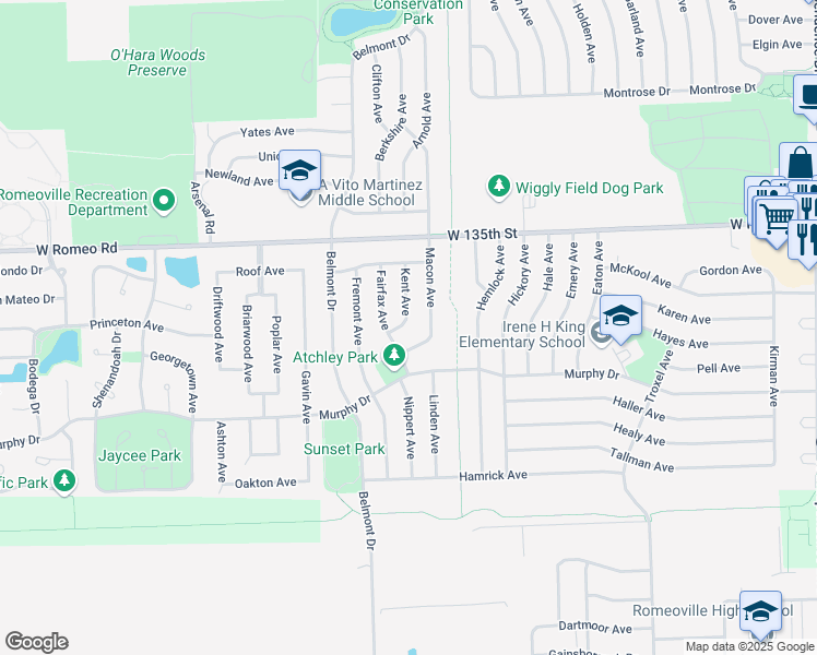 map of restaurants, bars, coffee shops, grocery stores, and more near 305 Kent Avenue in Romeoville
