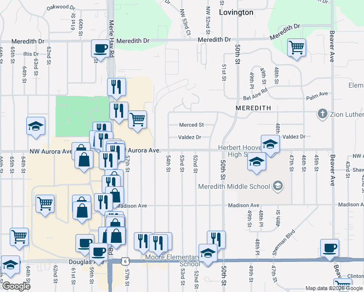 map of restaurants, bars, coffee shops, grocery stores, and more near 5225 Northwest Aurora Avenue in Des Moines