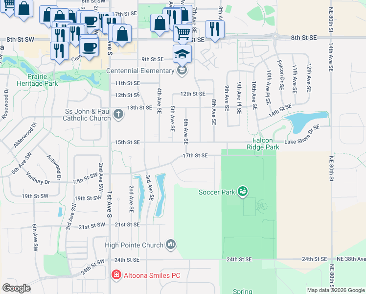 map of restaurants, bars, coffee shops, grocery stores, and more near 602 15th Street Southeast in Altoona