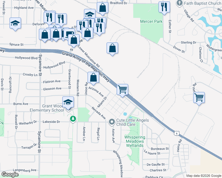 map of restaurants, bars, coffee shops, grocery stores, and more near 2308 Hollywood Boulevard in Iowa City