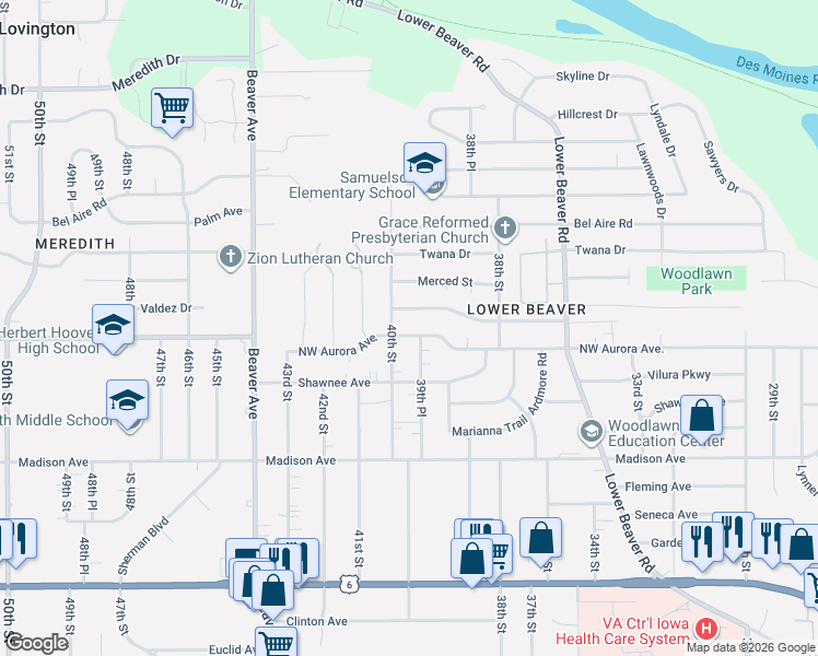 map of restaurants, bars, coffee shops, grocery stores, and more near 3945 Northwest Aurora Avenue in Des Moines