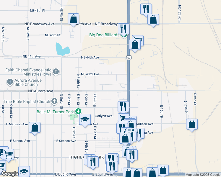 map of restaurants, bars, coffee shops, grocery stores, and more near 1220 East Aurora Avenue in Des Moines
