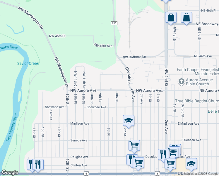 map of restaurants, bars, coffee shops, grocery stores, and more near 805 Northwest Aurora Avenue in Des Moines