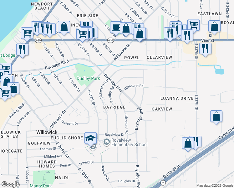 map of restaurants, bars, coffee shops, grocery stores, and more near 652 Glenhurst Rd in Willowick