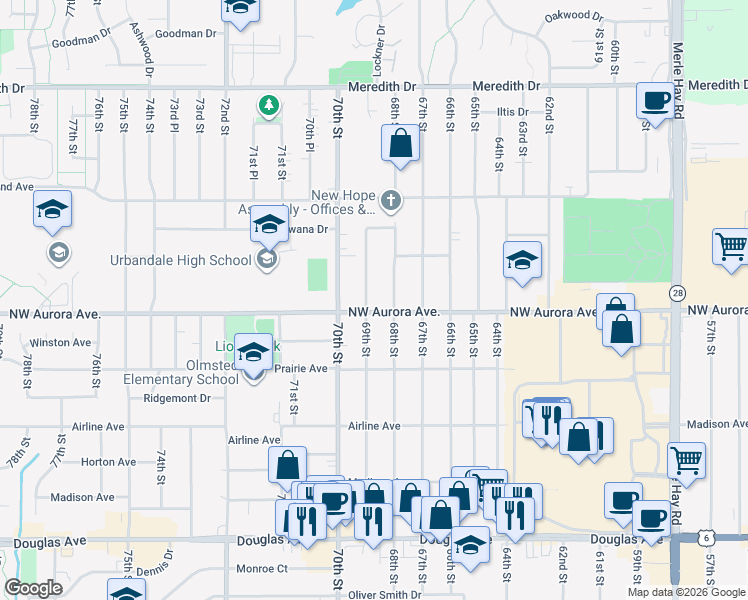 map of restaurants, bars, coffee shops, grocery stores, and more near 4205 69th St in Urbandale