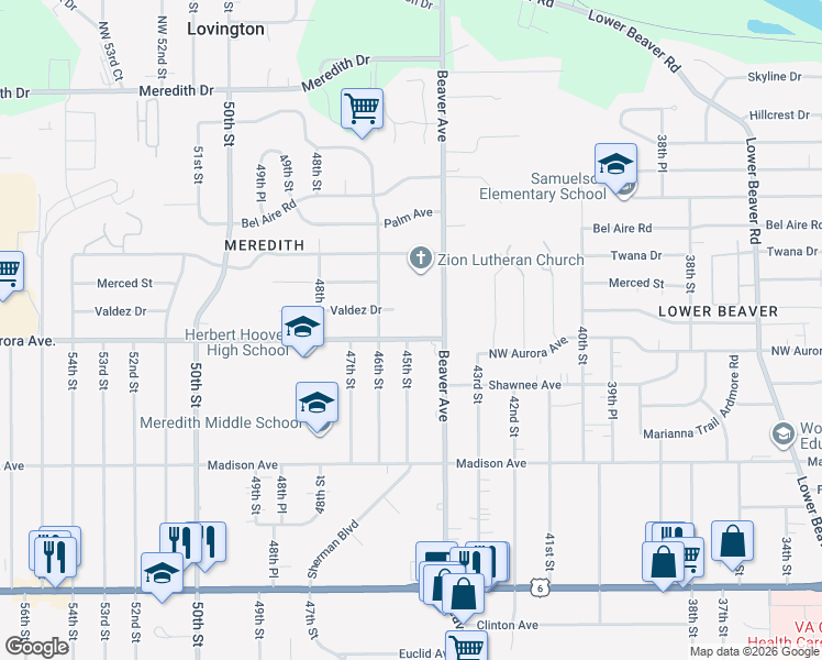 map of restaurants, bars, coffee shops, grocery stores, and more near 4425 Northwest Aurora Avenue in Des Moines
