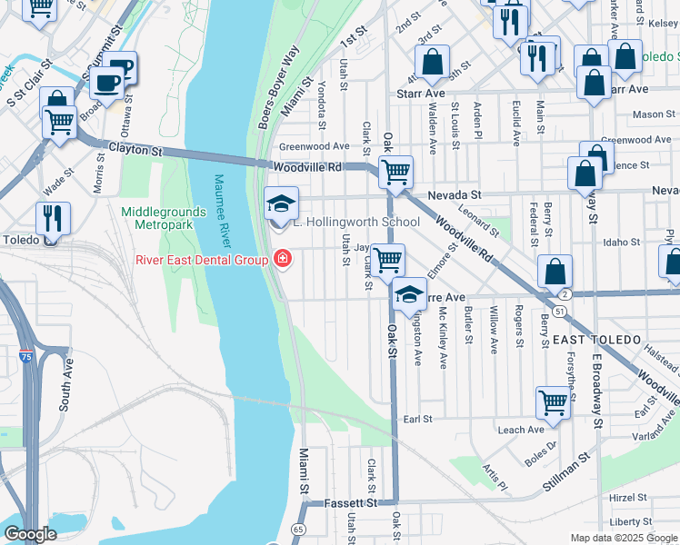 map of restaurants, bars, coffee shops, grocery stores, and more near 732 Utah St in Toledo