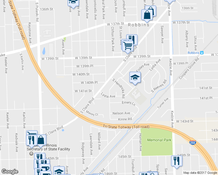 map of restaurants, bars, coffee shops, grocery stores, and more near 14032 South Grace Avenue in Robbins