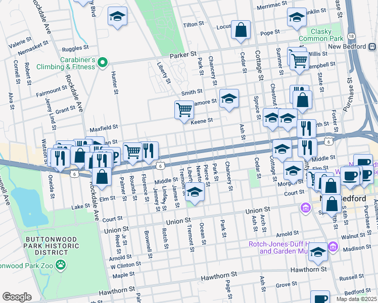 map of restaurants, bars, coffee shops, grocery stores, and more near 307 Mill Street in New Bedford