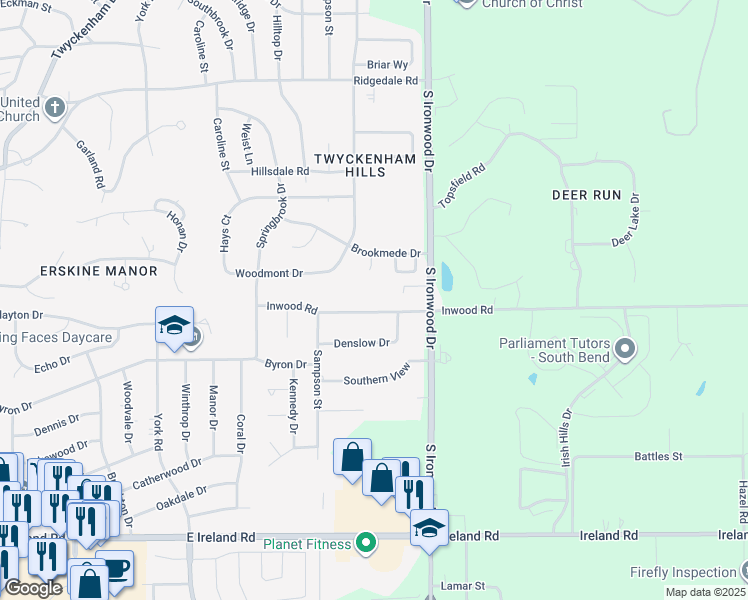 map of restaurants, bars, coffee shops, grocery stores, and more near 1931 Inwood Road in South Bend