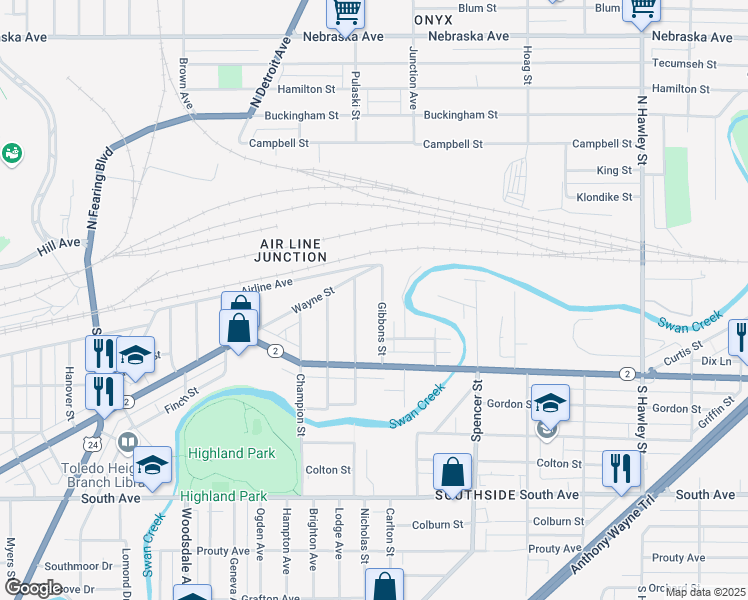 map of restaurants, bars, coffee shops, grocery stores, and more near 138 Gibbons Street in Toledo