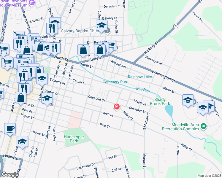 map of restaurants, bars, coffee shops, grocery stores, and more near 591 Center Street Ext in Meadville