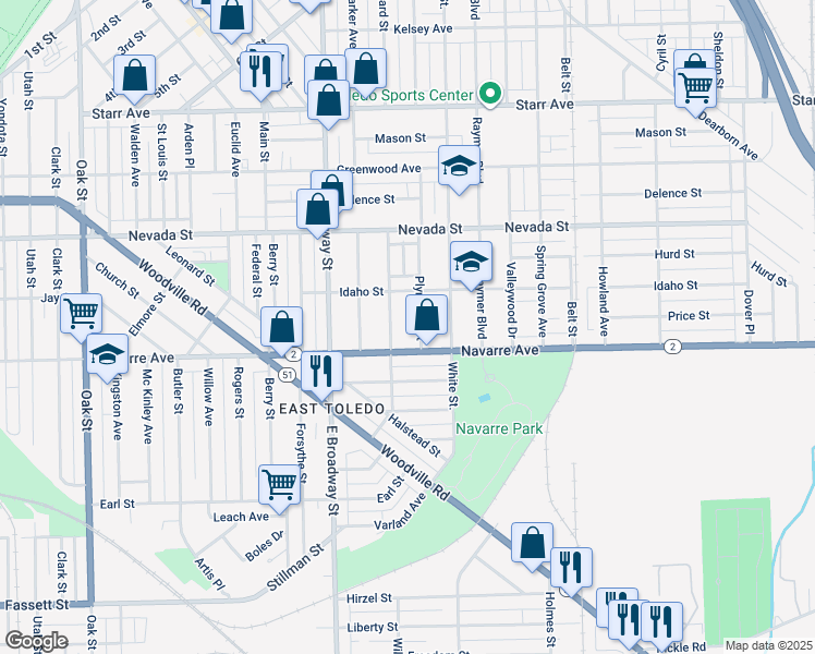 map of restaurants, bars, coffee shops, grocery stores, and more near 734 Plymouth Street in Toledo